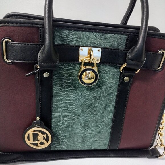 Dasein Satchel Handbag w/Shoulder Straps and Padlock (Brown/Green/Black) - Picture 4 of 10